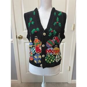 Vintage Eagle's Eye Large Hand Knit Holiday Sweater Vest Black Cotton Christmas